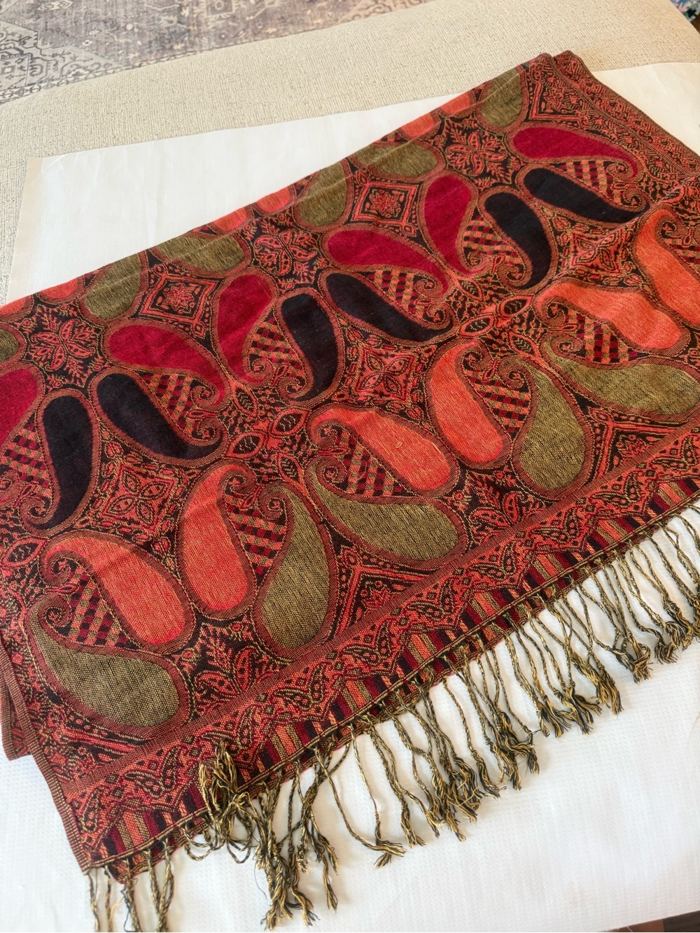 Beautiful Fall Paisley Fringe Pashmina Scarf Orange & Olive Wrap Scarf Shawl